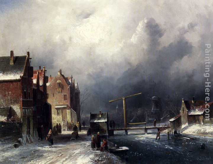 Figures In A Dutch Town By A Frozen Canal painting - Charles Henri Joseph Leickert Figures In A Dutch Town By A Frozen Canal art painting